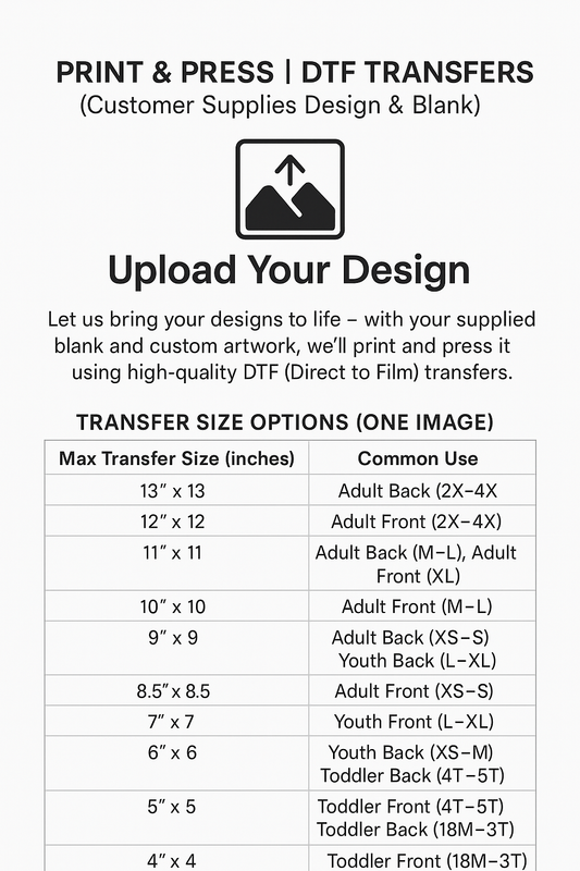 Print & Press | DTF Transfers (Customer Supplies Blank + 1 Design)